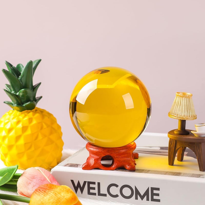 Modaier Yellow Crystal Ball 80mm/3.1inch with Rose Wooden Stand and Gift Box for lensball Photography,Fortune Teller,Feng Shui, Witchcraft Decor,Scrying,Magic,Quartz Crystal Orb Prop Decorative Glass Sphere - Image 2
